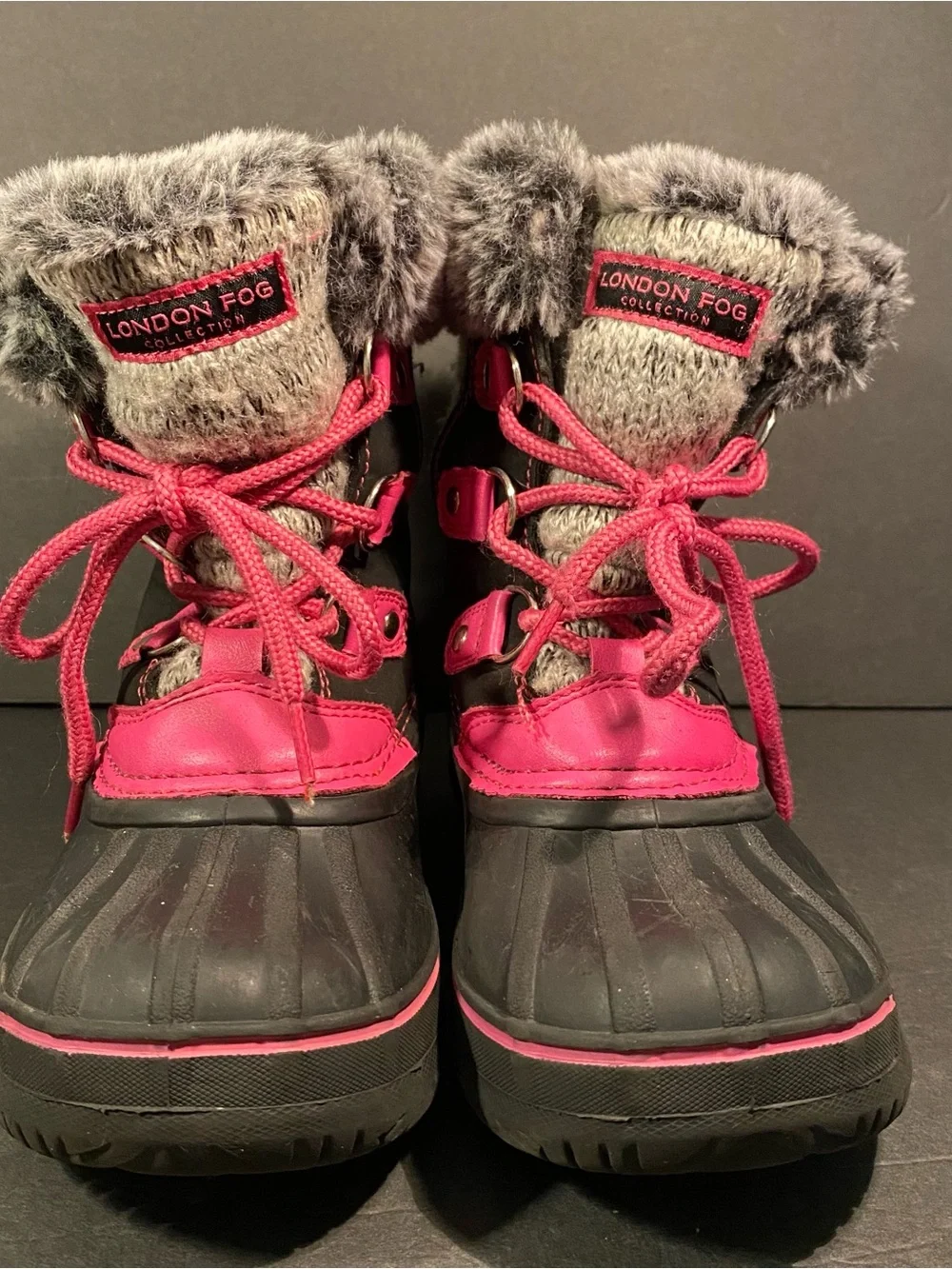 London Fog Girls Sz 13 Black and Pink Faux-Fur Trim Winter Boots